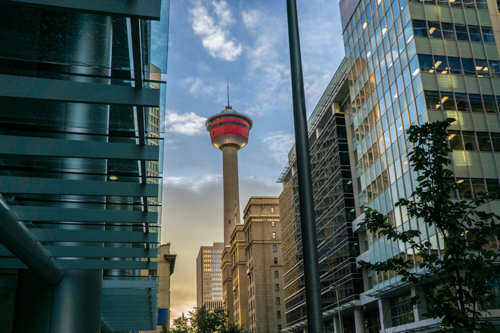 Calgary business district skyline in in the early morning sunrise